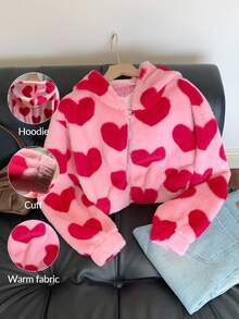 Comfortcana Plus Size Heart Print Hooded Jacket, Casual For Spring/Autumn,Fall Clothes For Women Winter - Pink - View 6