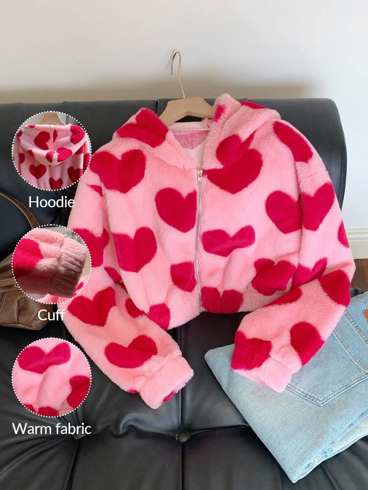 Comfortcana Plus Size Heart Print Hooded Jacket, Casual For Spring/Autumn,Fall Clothes For Women Winter - Pink - View 6