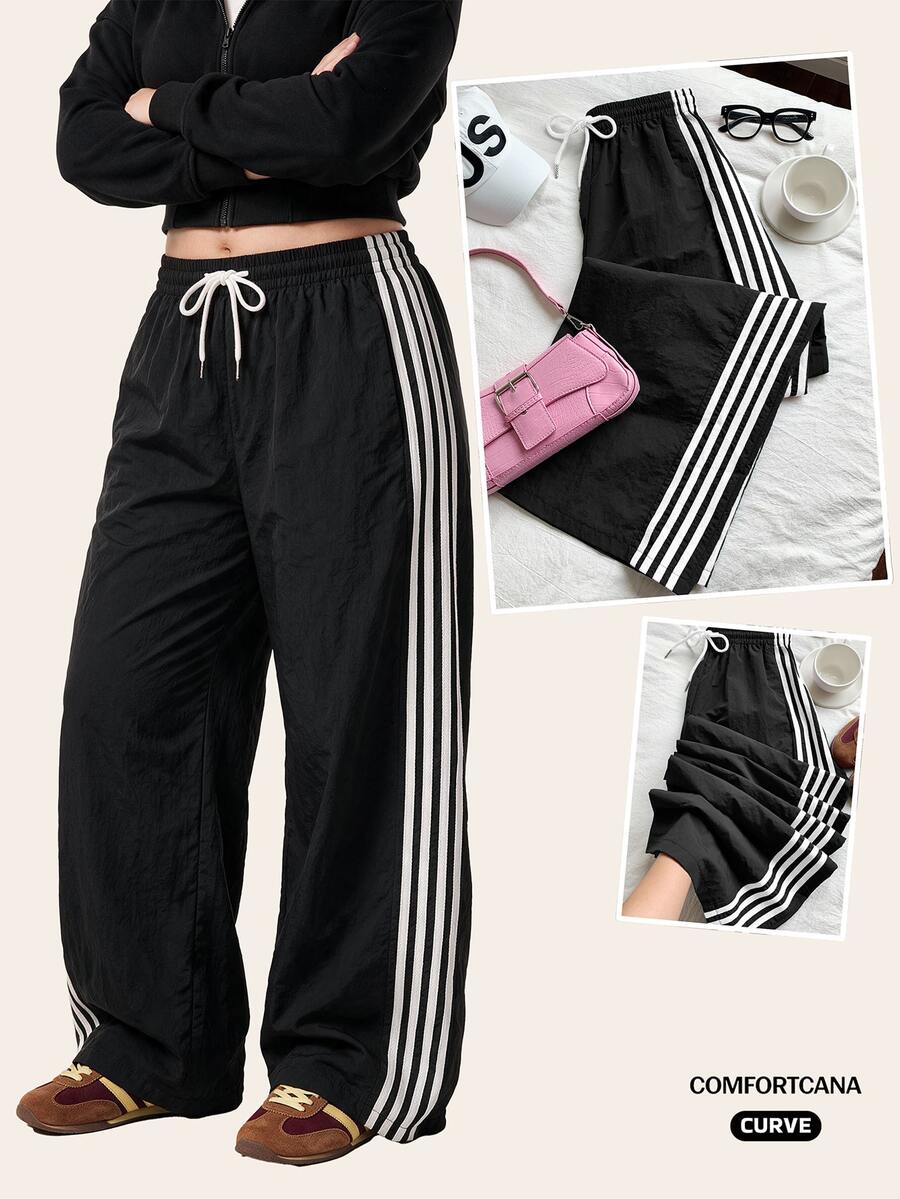 Comfortcana Plus Size Contrast Side Stripe Elastic Waist Loose Casual Sweatpants/Winter Fall - Black - View 1