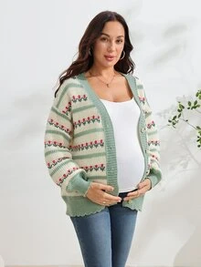 SHEIN جاكيت كاجوال خفيف للحوامل بخطوط وزهور وأكمام طويلة وأكتاف منسدلة للمكتب والخريف - متعدد الألوان - مشاهدة 8