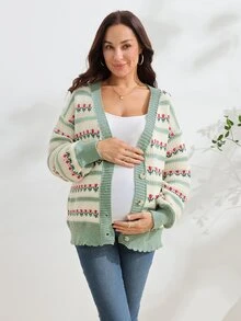 SHEIN جاكيت كاجوال خفيف للحوامل بخطوط وزهور وأكمام طويلة وأكتاف منسدلة للمكتب والخريف - متعدد الألوان - مشاهدة 4