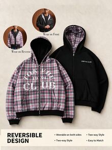 TOKVUE 男士黑白格紋可反穿連帽衛衣，實用多效可反穿設計，韓系 Cleanfit 極簡風，美式復古格紋休閒風，適合校園、街頭、通勤、疊穿，中性情侶穿搭，節日禮物 - 黑色 - 查看 11