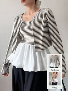 FRIFUL Women's Striped Colorblock Camisole Top And Long Sleeve Cardigan Casual Daily 2-Piece Set - White - View 9