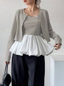 FRIFUL Women's Striped Colorblock Camisole Top And Long Sleeve Cardigan Casual Daily 2-Piece Set - White - View 6
