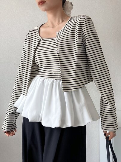 FRIFUL Women's Striped Colorblock Camisole Top And Long Sleeve Cardigan Casual Daily 2-Piece Set