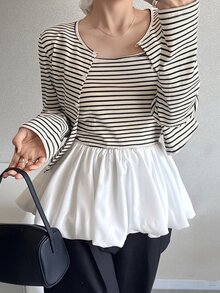 FRIFUL Women's Striped Colorblock Camisole Top And Long Sleeve Cardigan Casual Daily 2-Piece Set - White - View 5