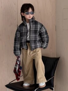 Dazy Kids معطف مبطن بأكمام طويلة وسحاب بنمط مربعات بسيط ومتعدد الاستخدامات للأولاد الصغار، بأسلوب جامعي - الأسود - مشاهدة 6
