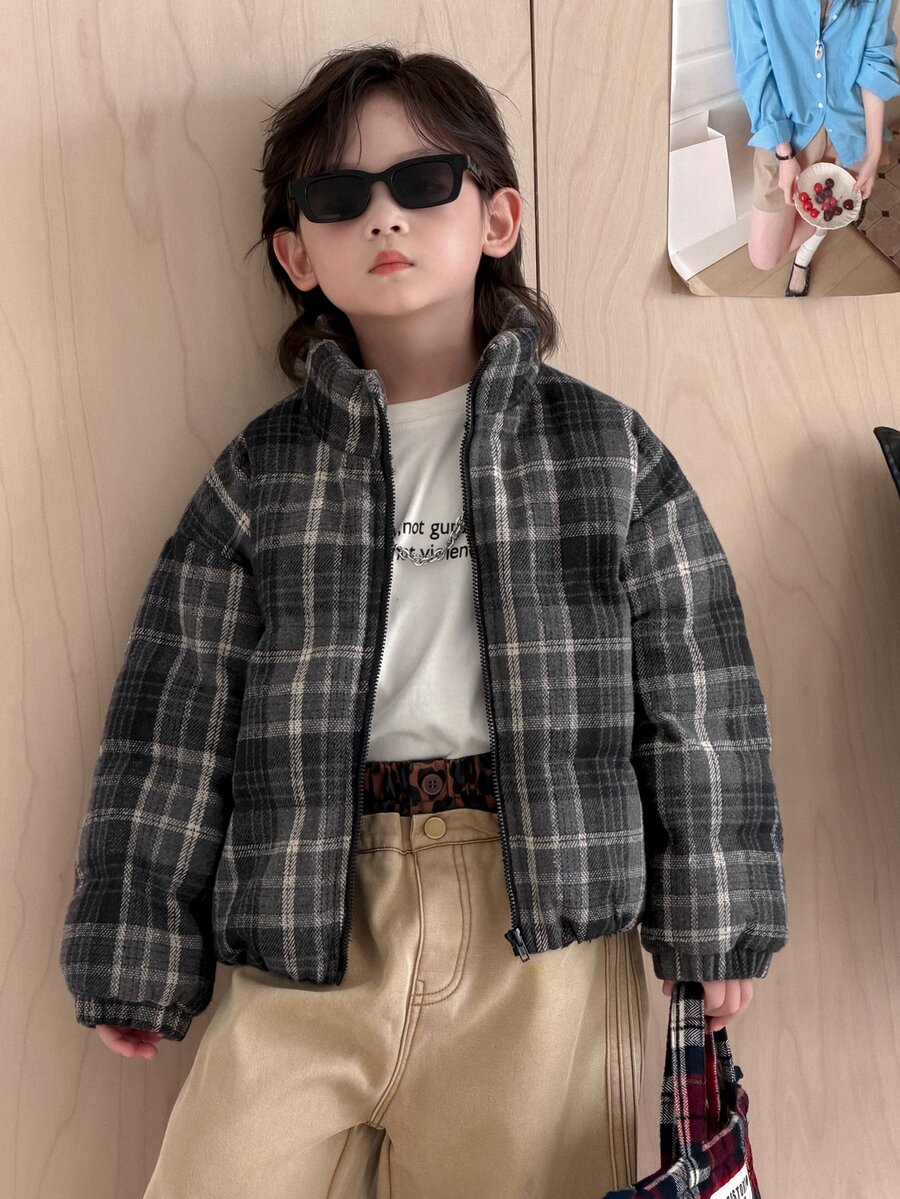 Dazy Kids معطف مبطن بأكمام طويلة وسحاب بنمط مربعات بسيط ومتعدد الاستخدامات للأولاد الصغار، بأسلوب جامعي - الأسود - مشاهدة 1