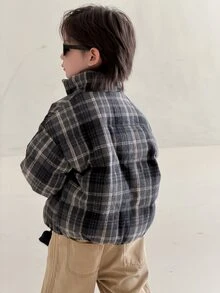 Dazy Kids معطف مبطن بأكمام طويلة وسحاب بنمط مربعات بسيط ومتعدد الاستخدامات للأولاد الصغار، بأسلوب جامعي - الأسود - مشاهدة 2