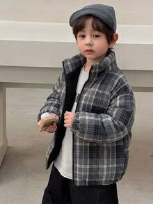 Dazy Kids معطف مبطن بأكمام طويلة وسحاب بنمط مربعات بسيط ومتعدد الاستخدامات للأولاد الصغار، بأسلوب جامعي - الأسود - مشاهدة 14