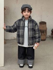 Dazy Kids معطف مبطن بأكمام طويلة وسحاب بنمط مربعات بسيط ومتعدد الاستخدامات للأولاد الصغار، بأسلوب جامعي - الأسود - مشاهدة 10