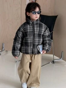 Dazy Kids معطف مبطن بأكمام طويلة وسحاب بنمط مربعات بسيط ومتعدد الاستخدامات للأولاد الصغار، بأسلوب جامعي - الأسود - مشاهدة 8