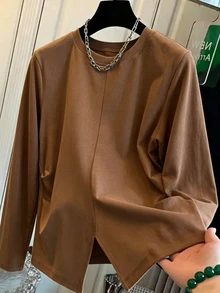 Resyla 女款純色圓領休閒長袖T恤，秋季新款 - 棕色 - 查看 1
