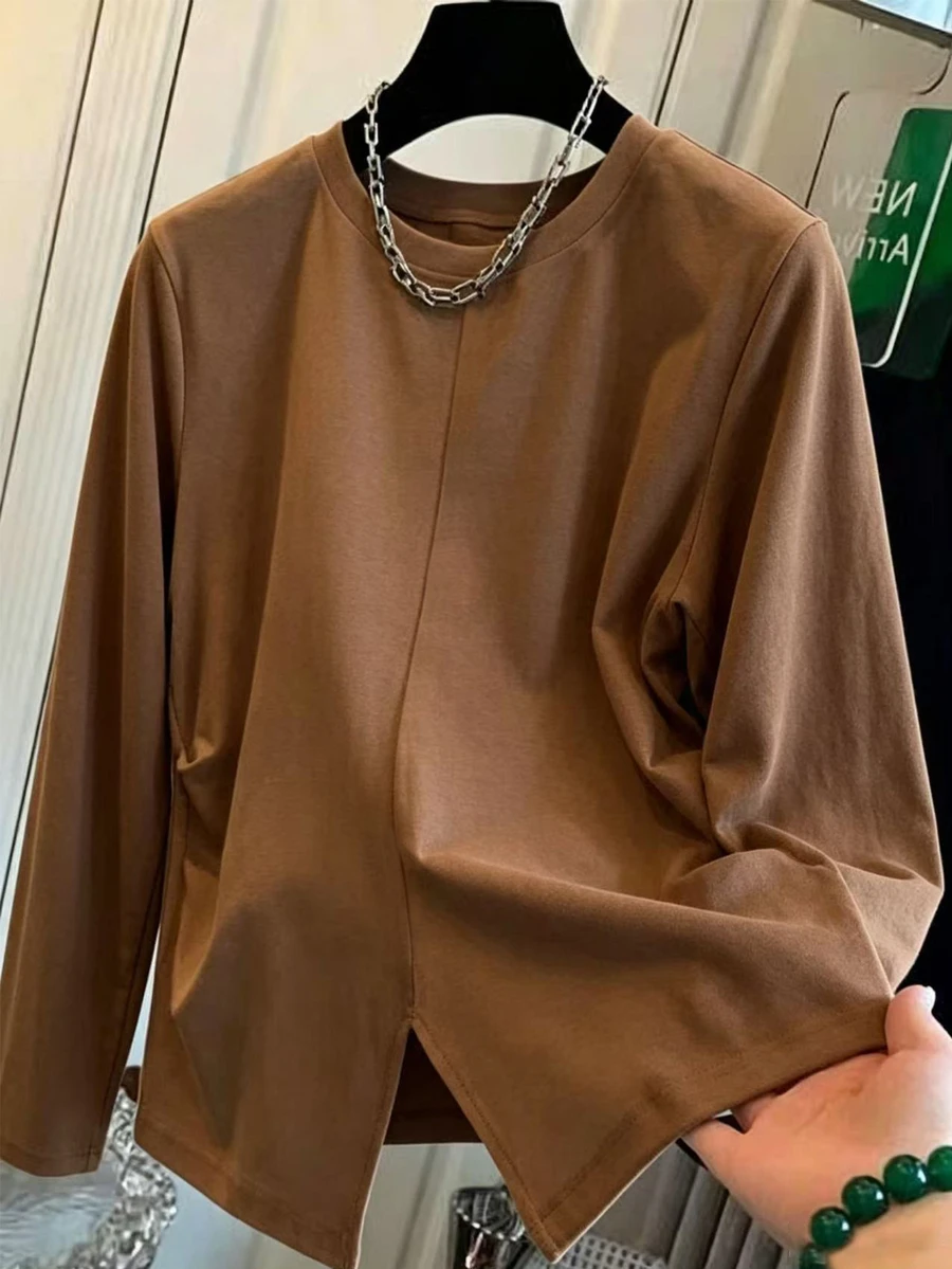 Resyla 女款純色圓領休閒長袖T恤,秋季新款 - 棕色 - 查看 1