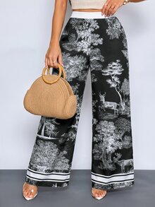 SOLERSUN 性感優雅女款海灘早午餐度假秋季藝術印花油畫長褲 黑白 - 黑色 - 查看 8