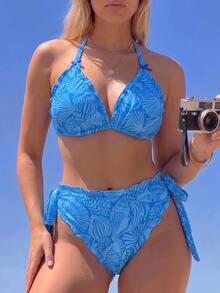 SHEIN Swim 2026夏季新款貝殼印花比基尼泳衣 2件套 大尺碼 嬰兒藍 性感飄逸 海灘度假 - 彩色 - 查看 1