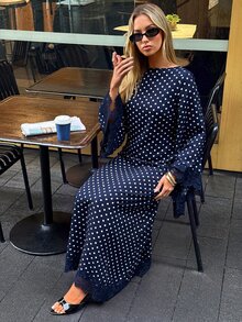 Aloruh 女款優雅方領收腰緞面海軍藍超長派對度假洋裝 - 藏蓝色 - 查看 5