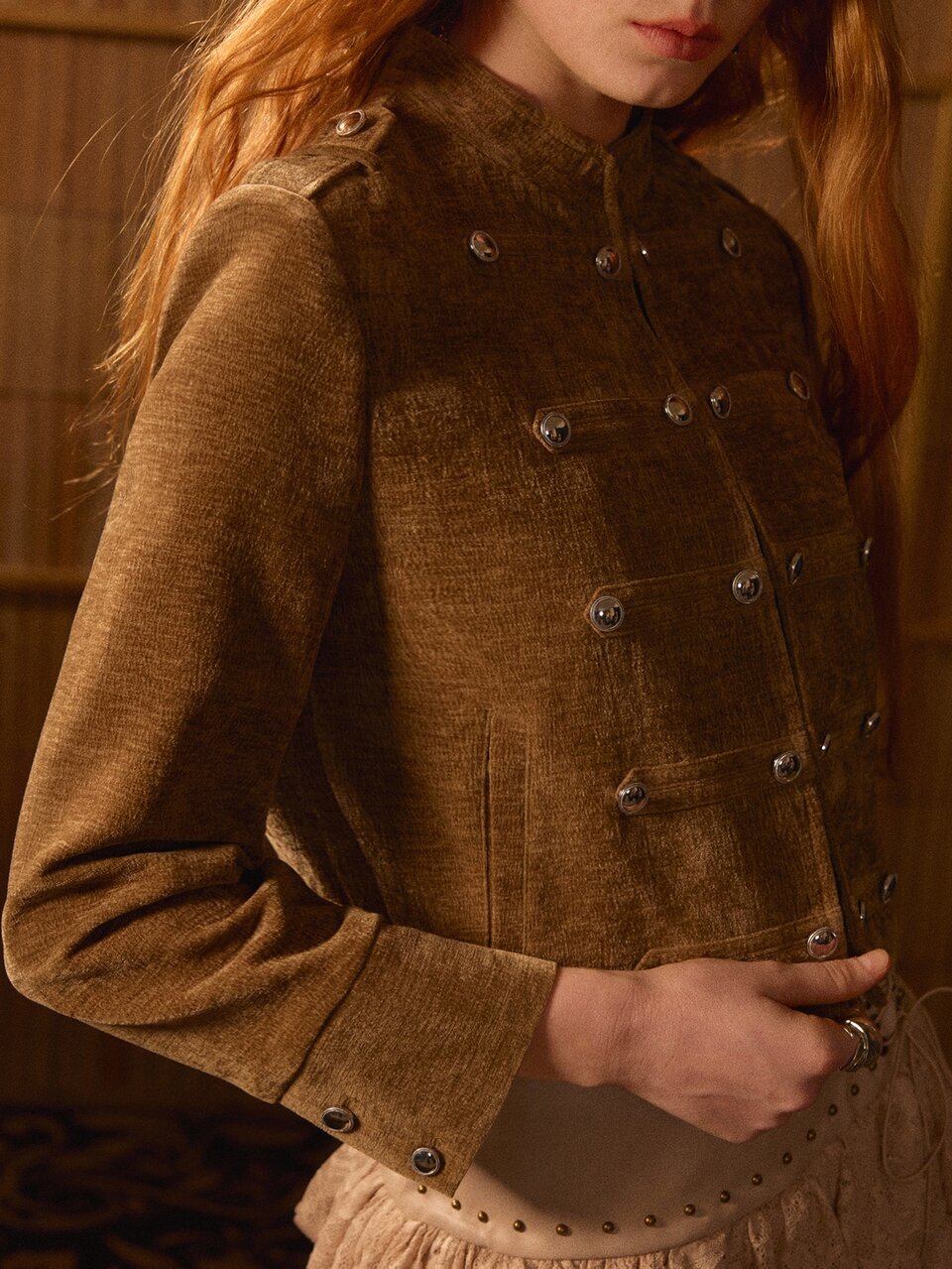 MOTF STUDIO VELVET-FEEL STAND COLLAR METAL DECOR FITTED JACKET