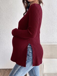 SHEIN 孕婦純色拼接設計休閒日常T恤 秋季 - 酒紅色 - 查看 2