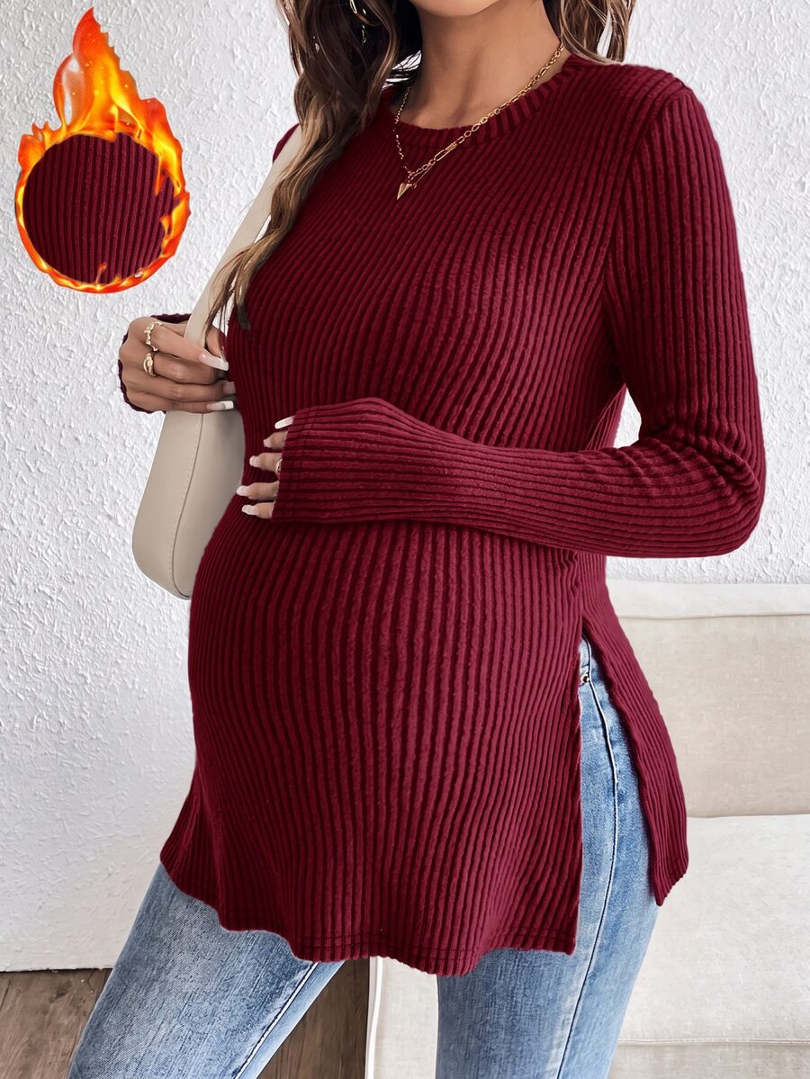 SHEIN 孕婦純色拼接設計休閒日常T恤 秋季 - 酒紅色 - 查看 1