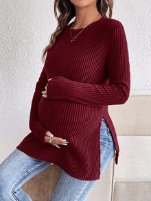 SHEIN 孕婦純色拼接設計休閒日常T恤 秋季 - 酒紅色 - 查看 3
