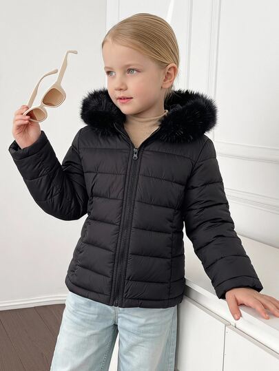 Hapijoa Young Girl Solid Color Long Sleeve Zipper Front Fur Collar Hooded Winter Jacket