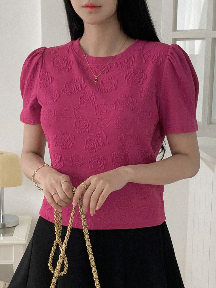 DAZY Women's Sweet Casual Round Neck Short Sleeve Top, Summer T-Shirt - Pink - View 5