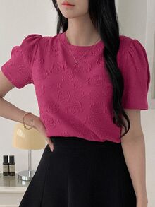 DAZY 女士甜美休闲圆领短袖上衣，夏季T恤 - 粉色 - 查看 4