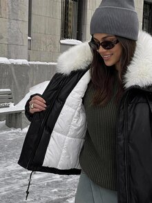 DAZY Women's Fur Collar Patchwork Loose Cotton Padded Coat - Black - View 10