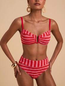 Travachic Women's Summer Beach Striped Colorblock Spaghetti Strap Bikini & Triangle Bottom Two-Piece Swimwear Set - Multicolor - View 4