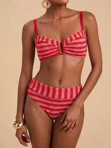 Travachic Women's Summer Beach Striped Colorblock Spaghetti Strap Bikini & Triangle Bottom Two-Piece Swimwear Set - Multicolor - View 1
