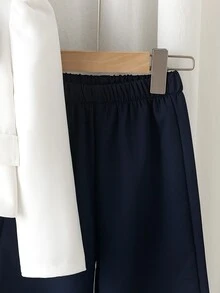 SHEIN 女童秋季開學學院風大蝴蝶結裝飾小西裝長袖上衣與垂墜寬腿褲套裝，時尚休閒女童套裝，適合開學、日常穿著、輕便聚會等場合 - 寶藍色 - 查看 3
