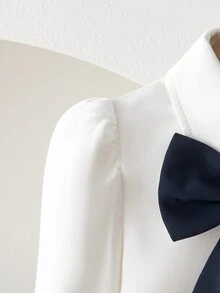 SHEIN 女童秋季開學學院風大蝴蝶結裝飾小西裝長袖上衣與垂墜寬腿褲套裝，時尚休閒女童套裝，適合開學、日常穿著、輕便聚會等場合 - 寶藍色 - 查看 6