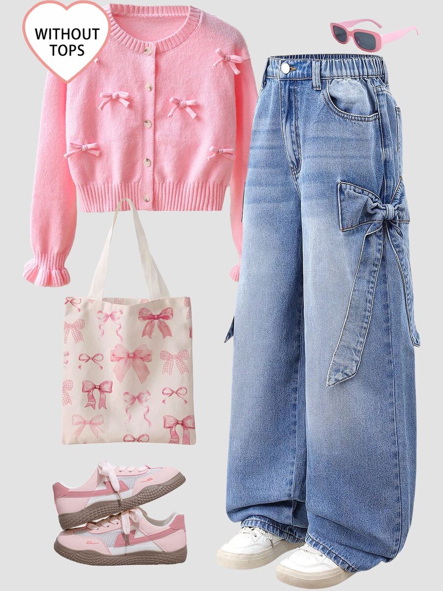 SHEIN Explorewe 青少年女孩時尚牛仔褲 藍綠色 夏季休閒可愛街頭風 Sweet 16 開學季 Y2K 破洞刺繡寬腿褲 舞會告別派對穿搭 - 中等水洗藍 - 查看 1