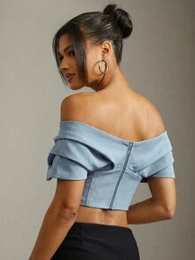Hauture Top corto con hombros descubiertos y pliegues, elegante y sexy para la oficina en verano - Azul - Ver 2