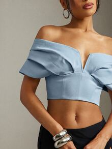 Hauture Top corto con hombros descubiertos y pliegues, elegante y sexy para la oficina en verano - Azul - Ver 5