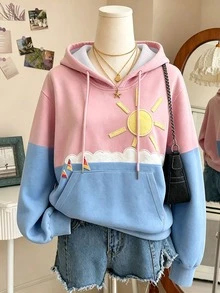 Lalippa 女款拼色拼接卡通印花連帽衛衣 - 彩色 - 查看 6