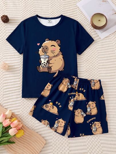 Teen Girls Cute Cartoon Capybara Drinking Milk Tea Print Dark Blue Knit Fabric Comfortable Soft Sweet Cute Round Neck Short Sleeve Shorts