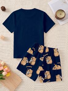 Teen Girls Cute Cartoon Capybara Drinking Milk Tea Print Dark Blue Knit Fabric Comfortable Soft Sweet Cute Round Neck Short Sleeve Shorts - Navy Blue - View 2