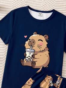 Teen Girls Cute Cartoon Capybara Drinking Milk Tea Print Dark Blue Knit Fabric Comfortable Soft Sweet Cute Round Neck Short Sleeve Shorts - Navy Blue - View 3
