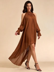 Bluhae 時尚性感高領不對稱下擺優雅飄逸女款洋裝 - 棕色 - 查看 1