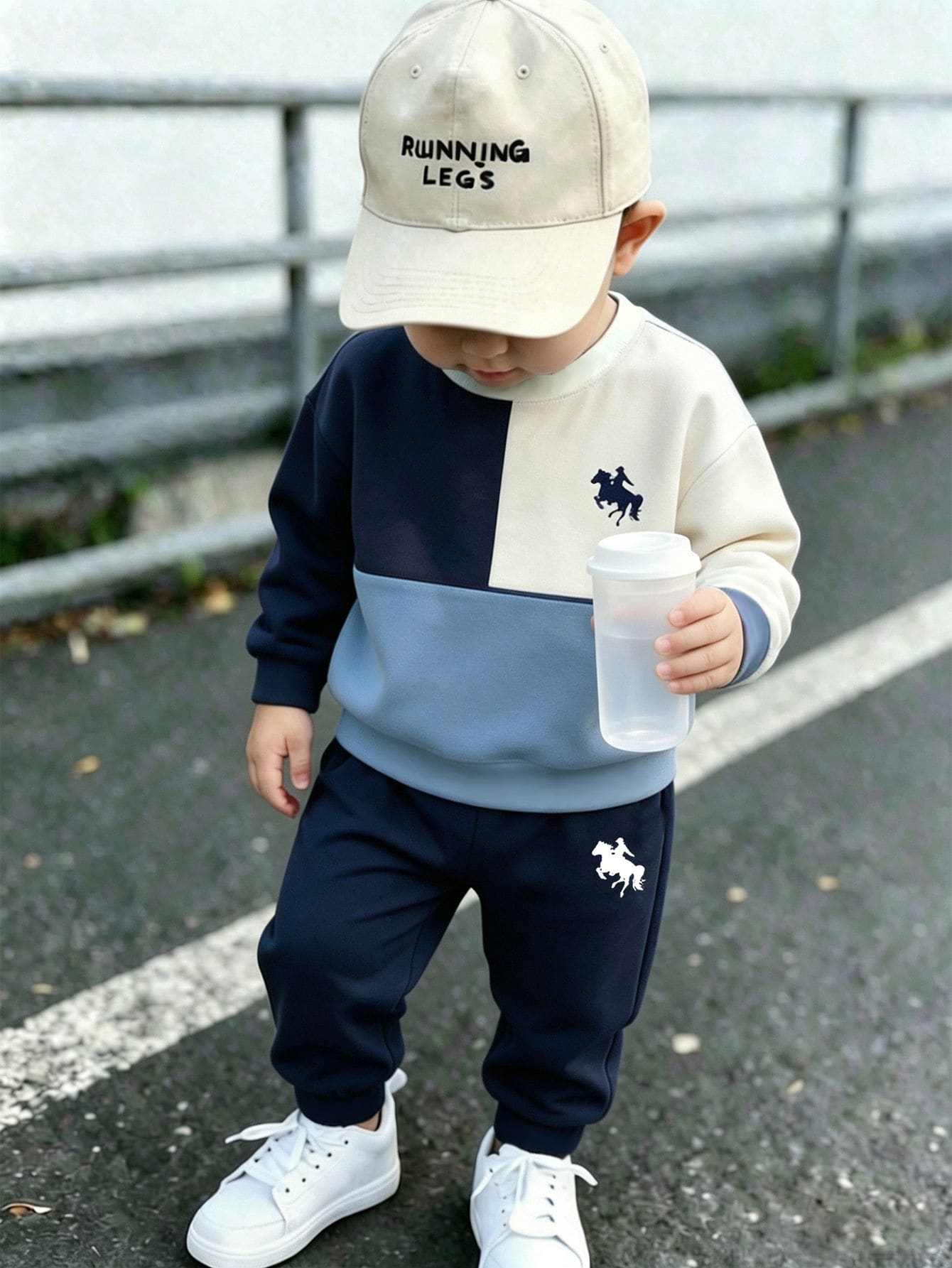 2件組幼兒休閒皇家藍拼色拼接騎士Logo與復古花卉印花抓絨圓領衛衣及配套滿版印花長褲套裝,運動戶外休閒,返校適用,適合秋冬 - 彩色 - 查看 1