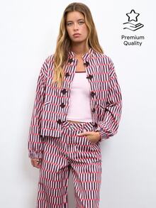 Nöista  Chinese-Style Short Jacket ,Checkered Stripe , Cropped Silhouette. Comfortable  Practical, Spring Autumn, Casual Wear, Shopping  Highlight Wardrobe. - Purple - View 3