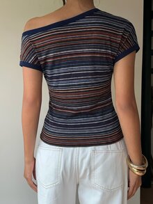 Aloruh 女款條紋不對稱肩短袖修身休閒T恤 - 藏蓝色 - 查看 2