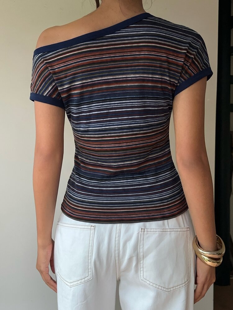 Aloruh Women's Striped Asymmetrical Shoulder Short Sleeve Fitted Casual T-Shirt - Navy Blue - View 2