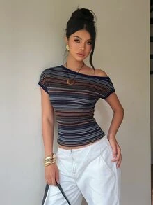 Aloruh 女款條紋不對稱肩短袖修身休閒T恤 - 藏蓝色 - 查看 6