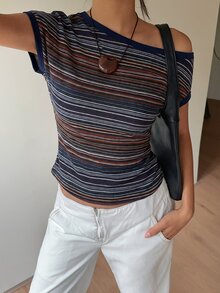Aloruh 女款條紋不對稱肩短袖修身休閒T恤 - 藏蓝色 - 查看 5