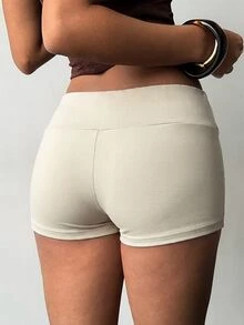 Aloruh 女款春夏新款純色棕色熱褲，附箔印花與鉚釘裝飾，性感音樂節街頭風 - 米色 - 查看 2