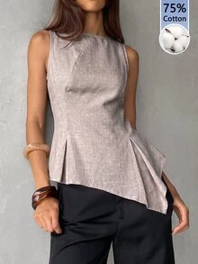 Aloruh 女款素色休閒百搭日常穿著上衣 - 杏色 - 查看 6