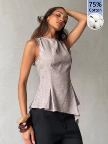 Aloruh 女款素色休閒百搭日常穿著上衣 - 杏色 - 查看 7